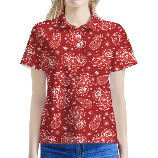 Red Paisley Pattern Print Women's Polo Shirt