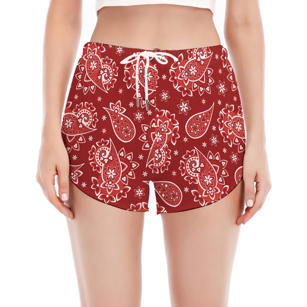 Red Paisley Pattern Print Women's Split Running Shorts