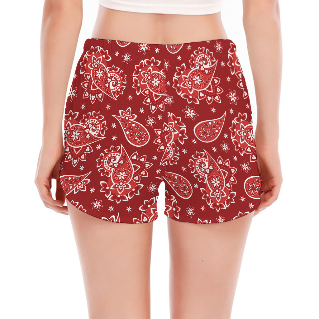 Red Paisley Pattern Print Women's Split Running Shorts