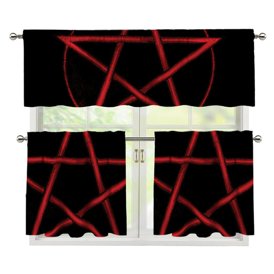 Red Pentagram Symbol Print 3 Piece Kitchen Curtains