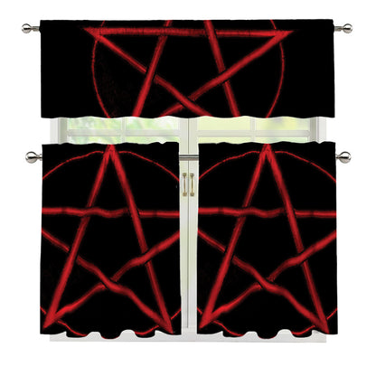 Red Pentagram Symbol Print 3 Piece Kitchen Curtains