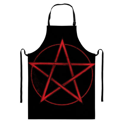 Red Pentagram Symbol Print Bib Apron With Pocket