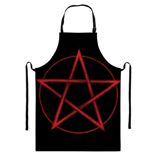 Red Pentagram Symbol Print Bib Apron With Pocket