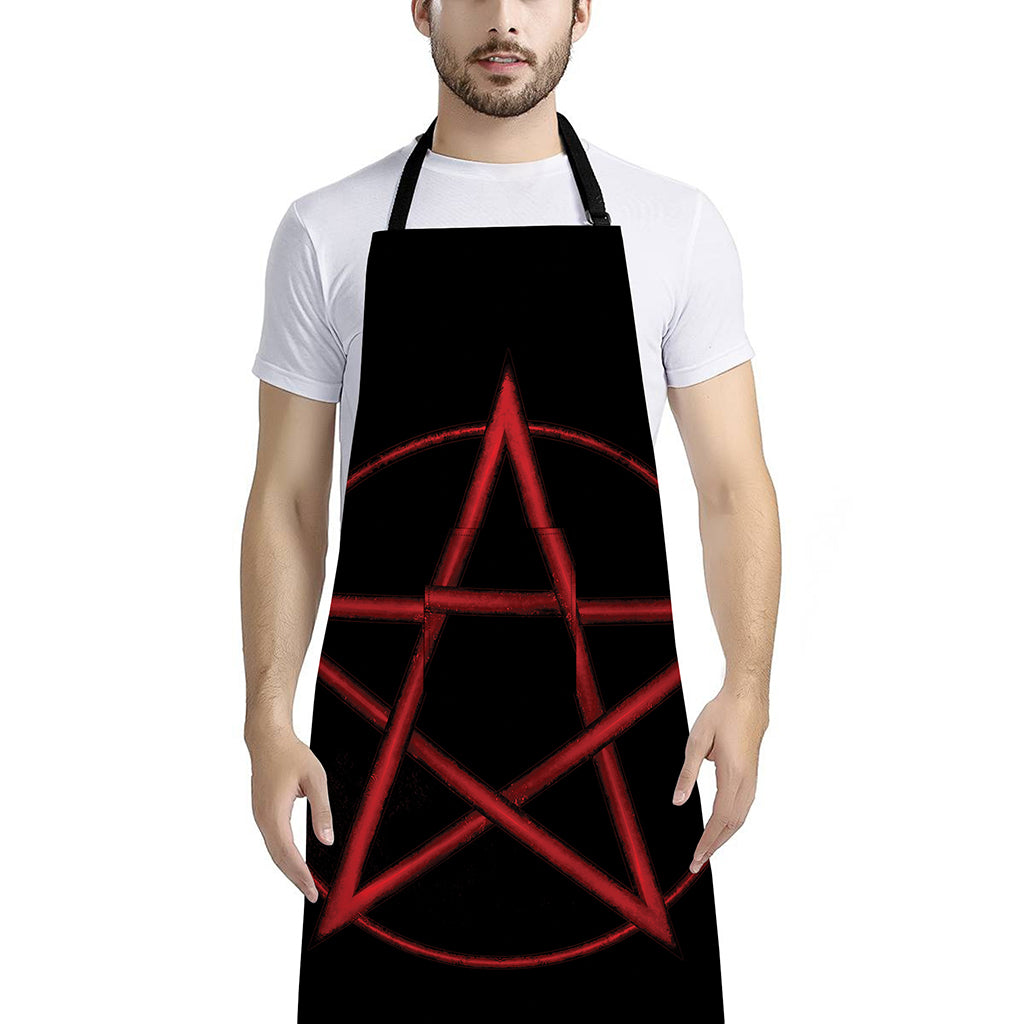 Red Pentagram Symbol Print Bib Apron With Pocket