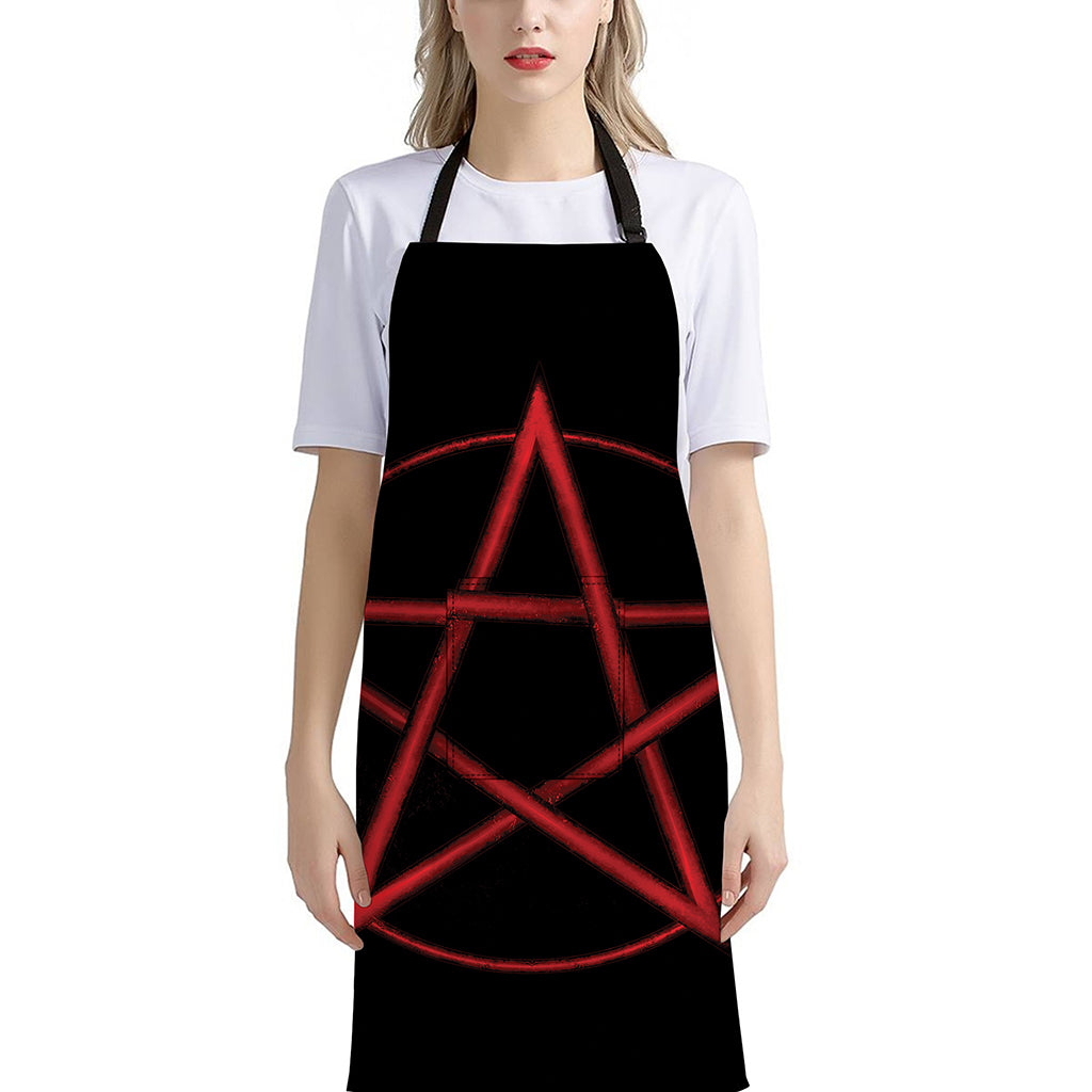 Red Pentagram Symbol Print Bib Apron With Pocket