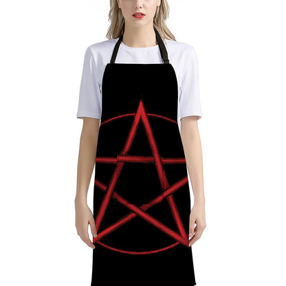 Red Pentagram Symbol Print Bib Apron With Pocket