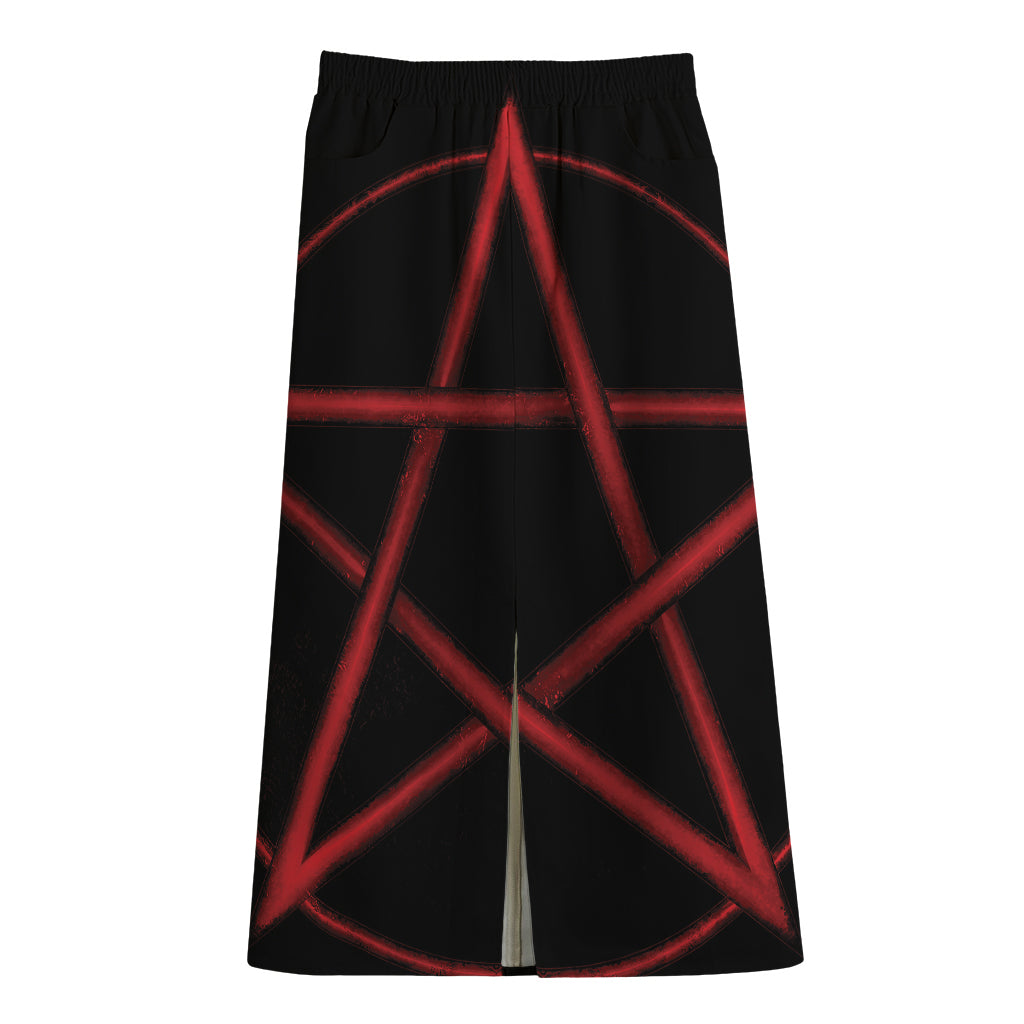 Red Pentagram Symbol Print Cotton Front Slit Maxi Skirt