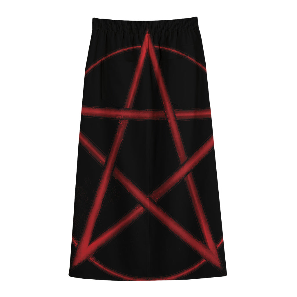 Red Pentagram Symbol Print Cotton Front Slit Maxi Skirt
