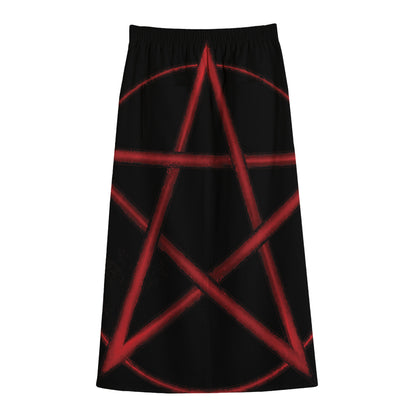 Red Pentagram Symbol Print Cotton Front Slit Maxi Skirt