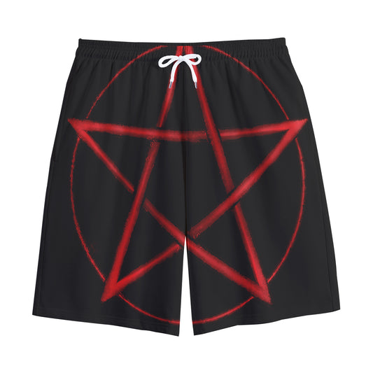 Red Pentagram Symbol Print Cotton Shorts