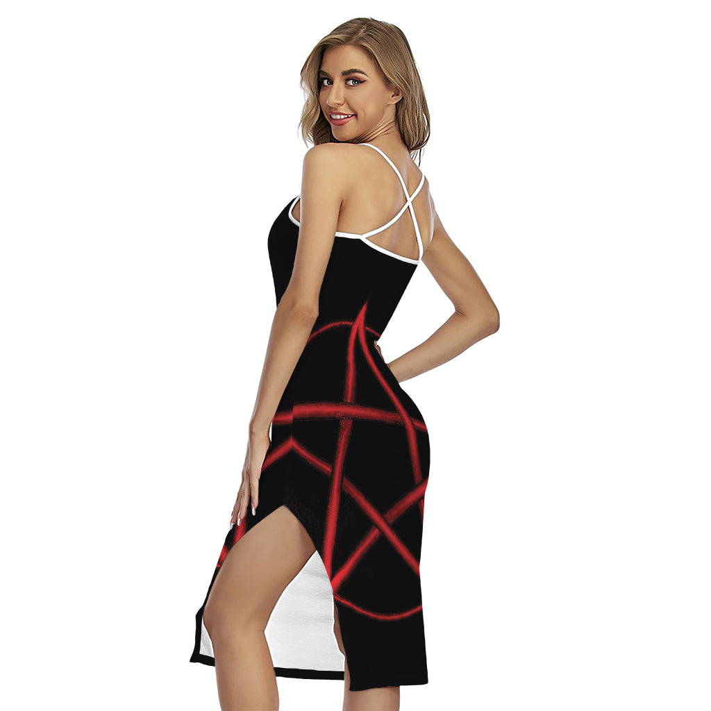 Red Pentagram Symbol Print Cross Back Cami Dress