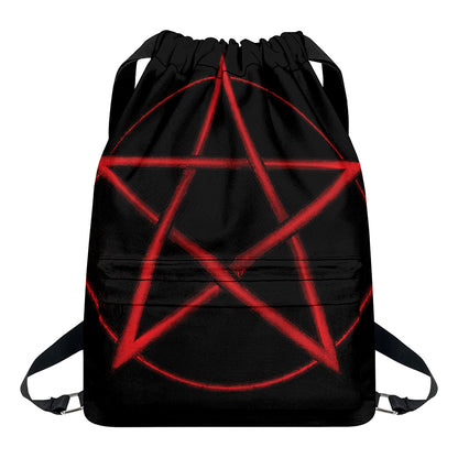 Red Pentagram Symbol Print Drawstring Backpack