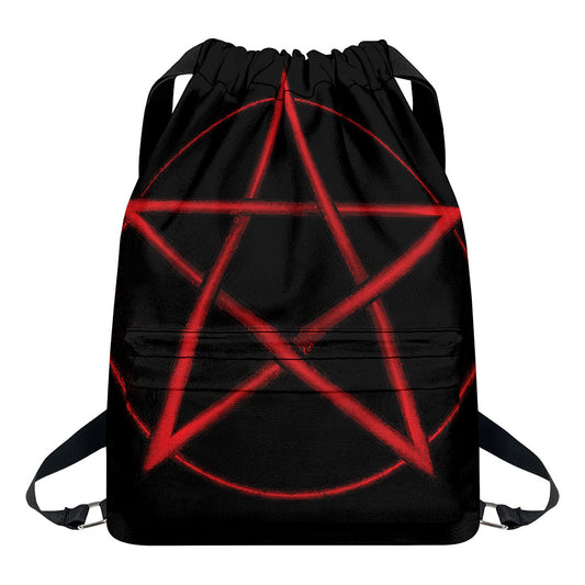 Red Pentagram Symbol Print Drawstring Backpack