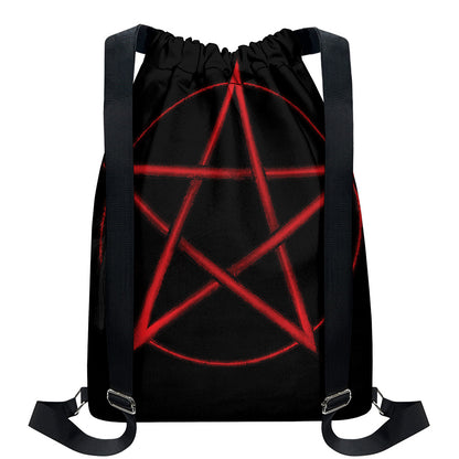 Red Pentagram Symbol Print Drawstring Backpack