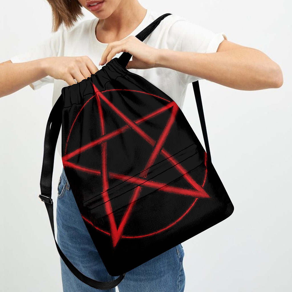 Red Pentagram Symbol Print Drawstring Backpack