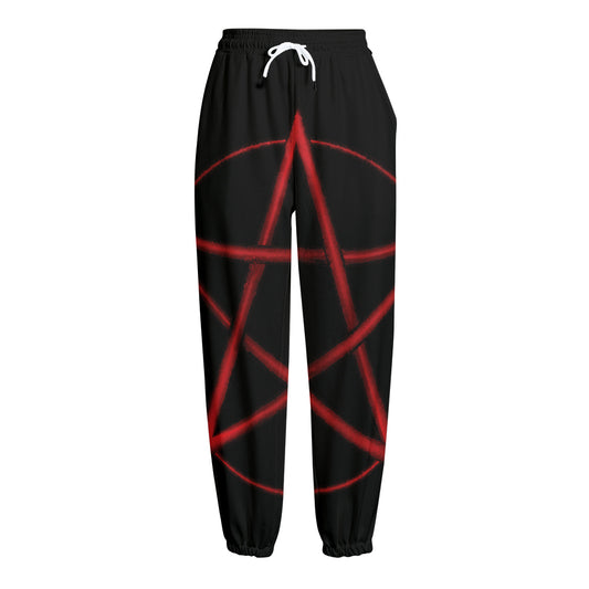 Red Pentagram Symbol Print Fleece Lined Knit Pants
