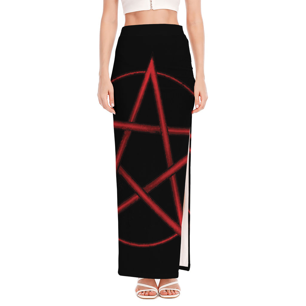 Red Pentagram Symbol Print High Slit Maxi Skirt