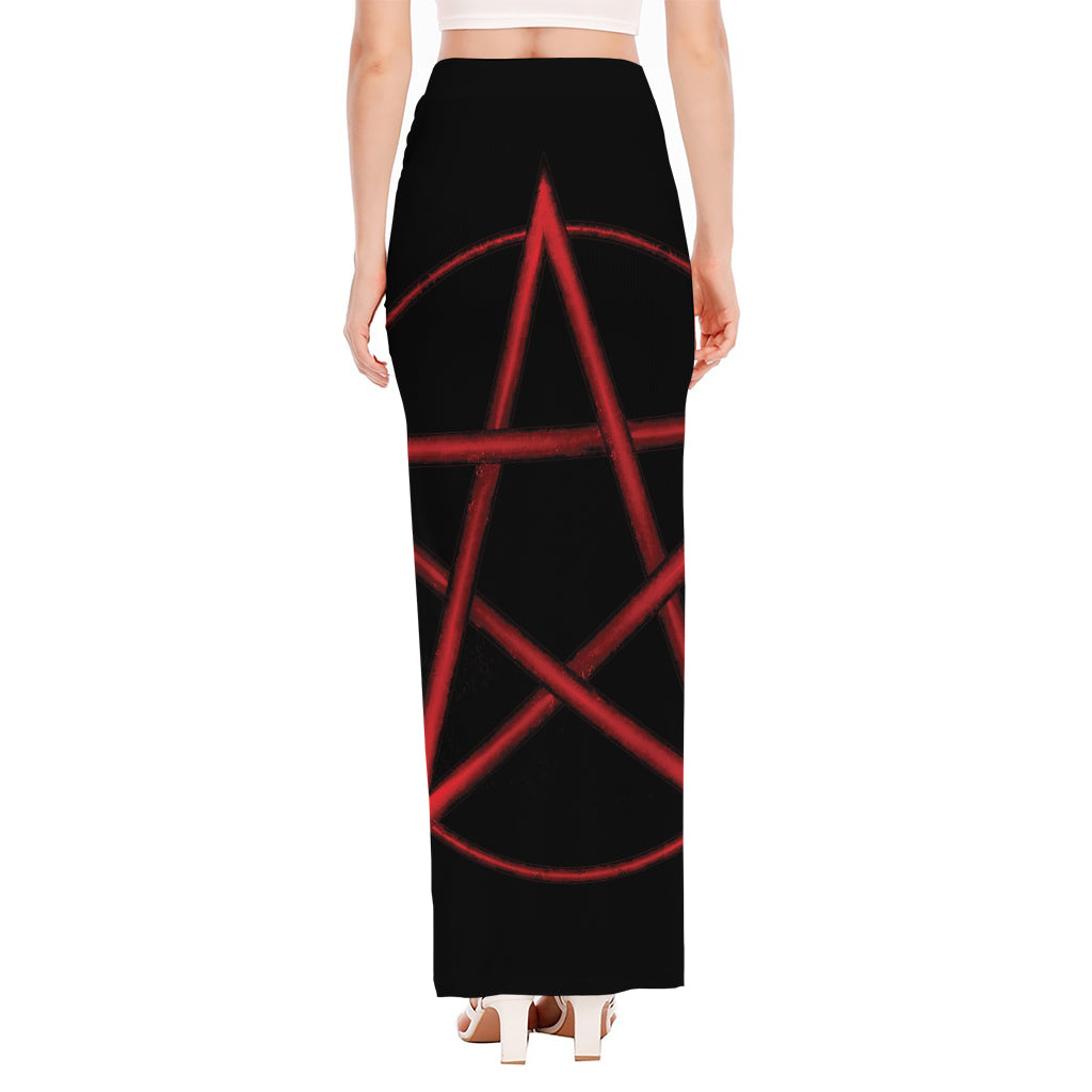 Red Pentagram Symbol Print High Slit Maxi Skirt