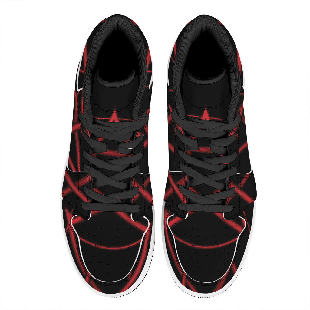 Red Pentagram Symbol Print High Top Leather Sneakers