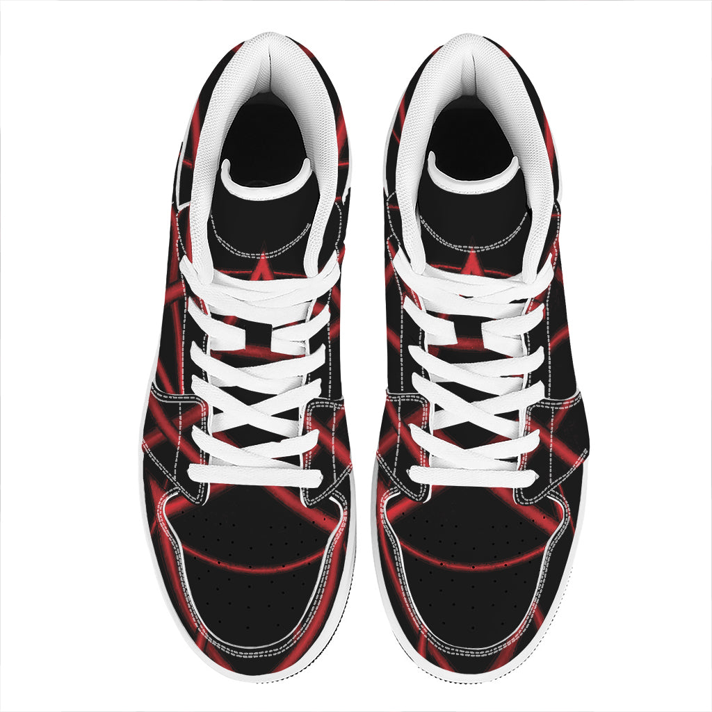 Red Pentagram Symbol Print High Top Leather Sneakers