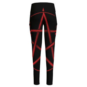 Red Pentagram Symbol Print High-Waisted Pocket Leggings