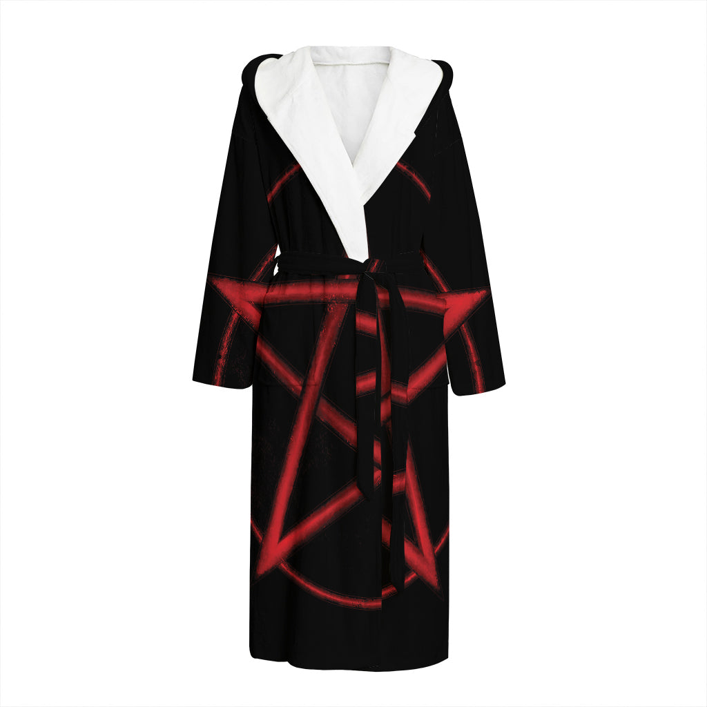 Red Pentagram Symbol Print Hooded Bathrobe