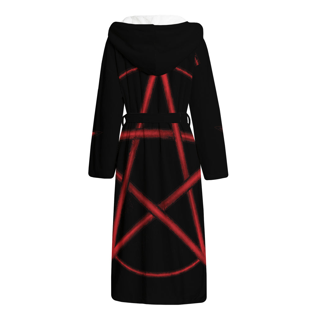Red Pentagram Symbol Print Hooded Bathrobe
