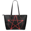 Red Pentagram Symbol Print Leather Tote Bag With Zipper