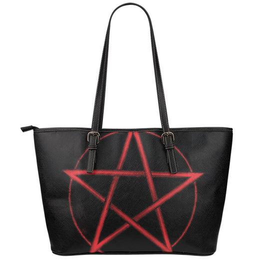 Red Pentagram Symbol Print Leather Tote Bag