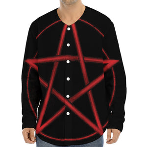 Red Pentagram Symbol Print Long Sleeve Baseball Jersey