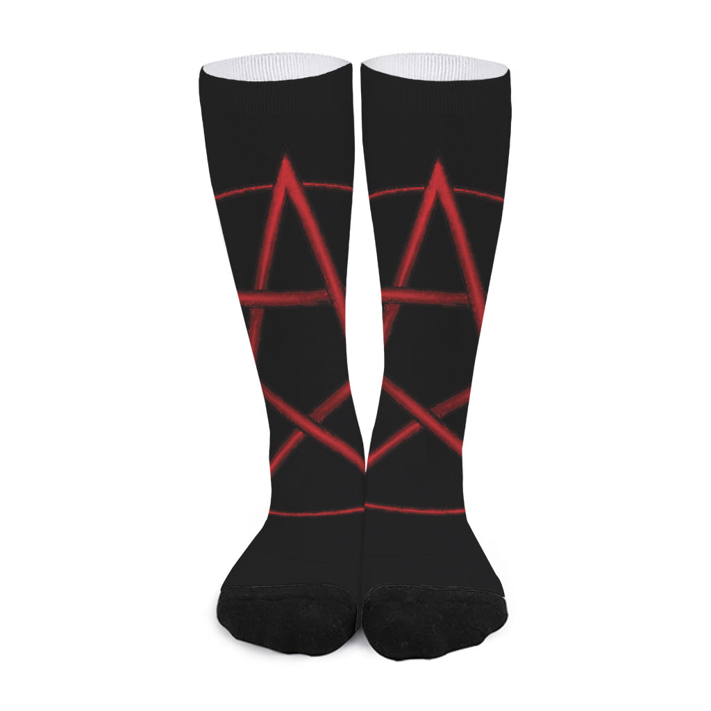 Red Pentagram Symbol Print Long Socks