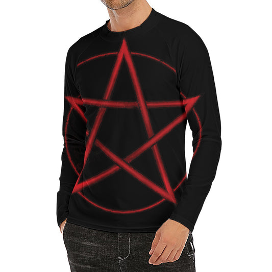 Red Pentagram Symbol Print Men's Long Sleeve Rash Guard