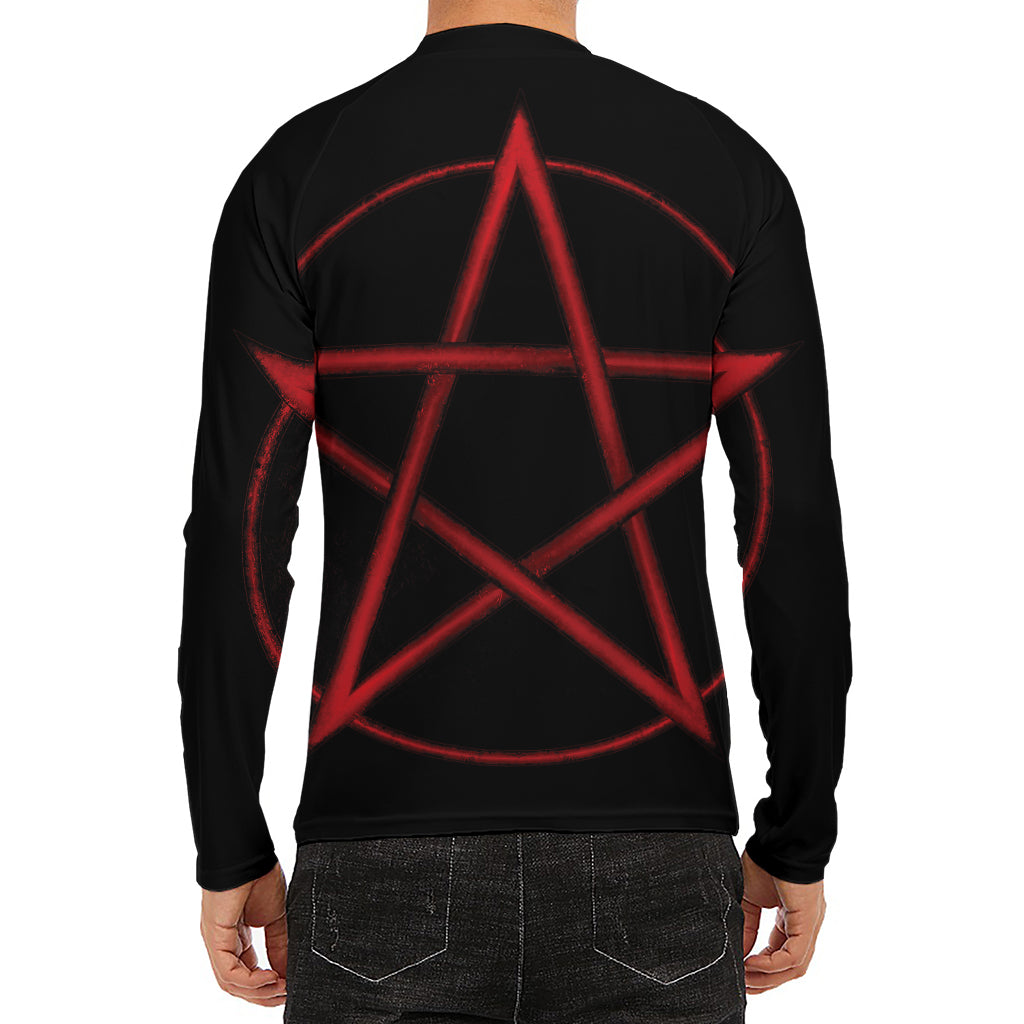 Red Pentagram Symbol Print Men's Long Sleeve Rash Guard