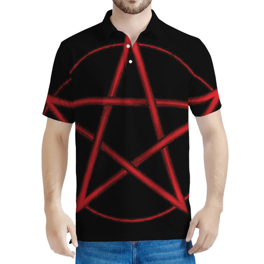 Red Pentagram Symbol Print Men's Polo Shirt