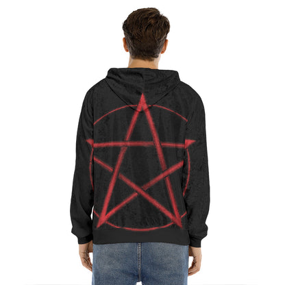 Red Pentagram Symbol Print Men's Velvet Pullover Hoodie