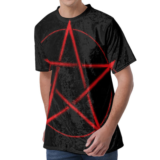 Red Pentagram Symbol Print Men's Velvet T-Shirt