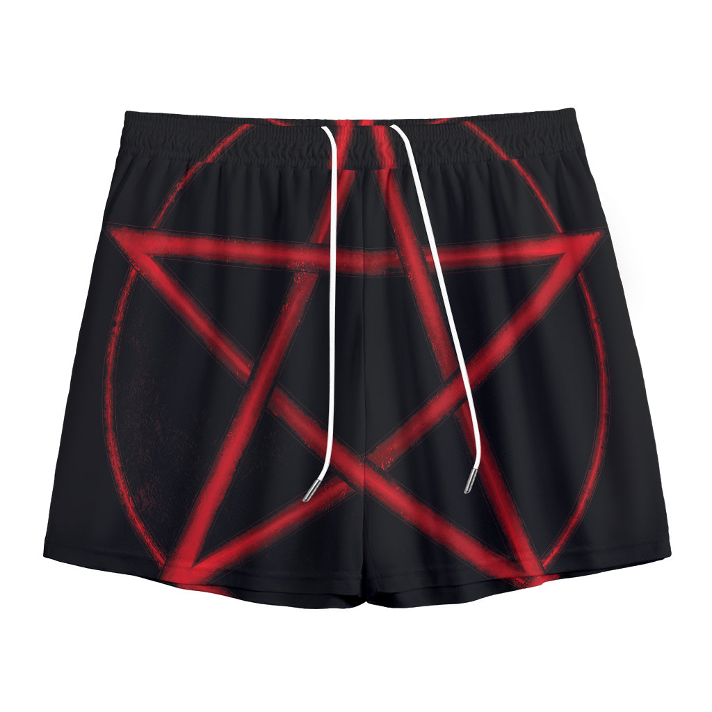 Red Pentagram Symbol Print Mesh Shorts