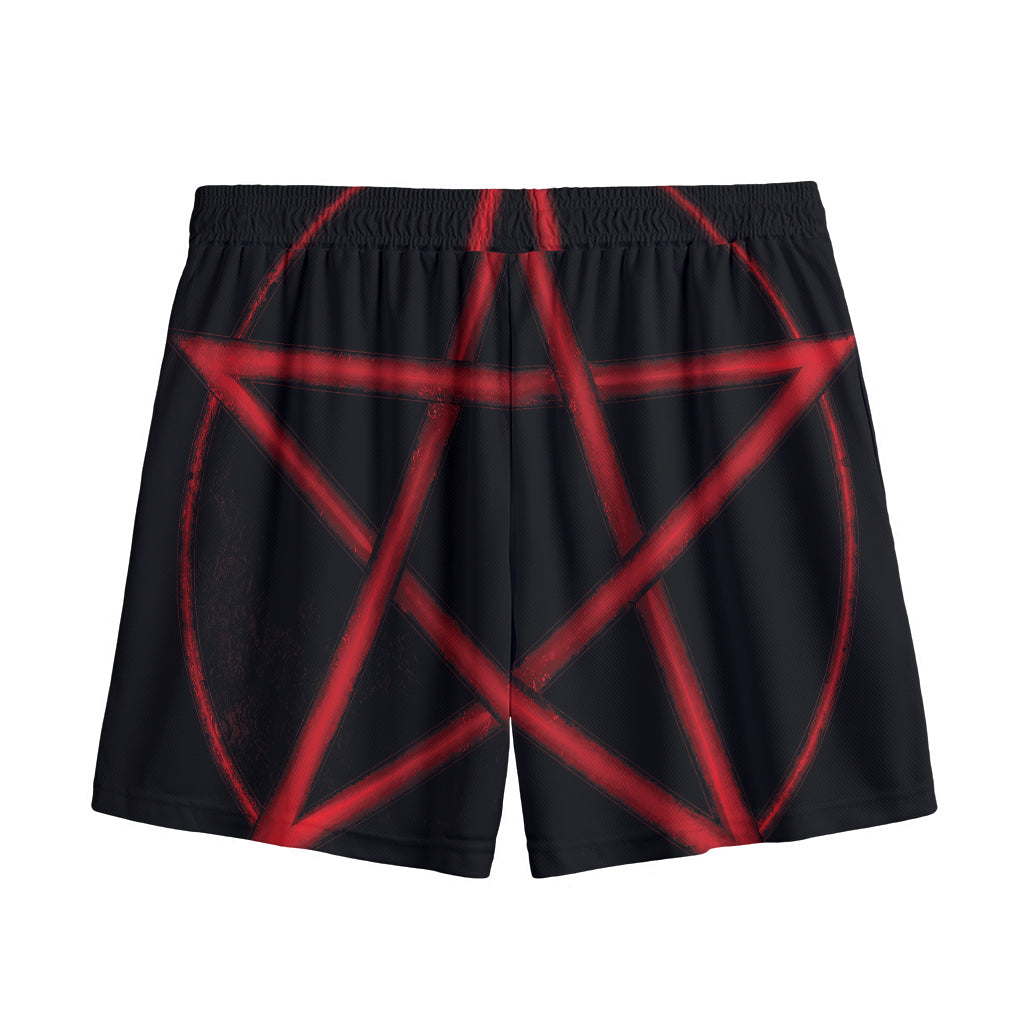Red Pentagram Symbol Print Mesh Shorts