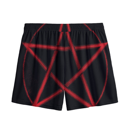 Red Pentagram Symbol Print Mesh Shorts