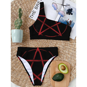 Red Pentagram Symbol Print One Shoulder Bikini Top