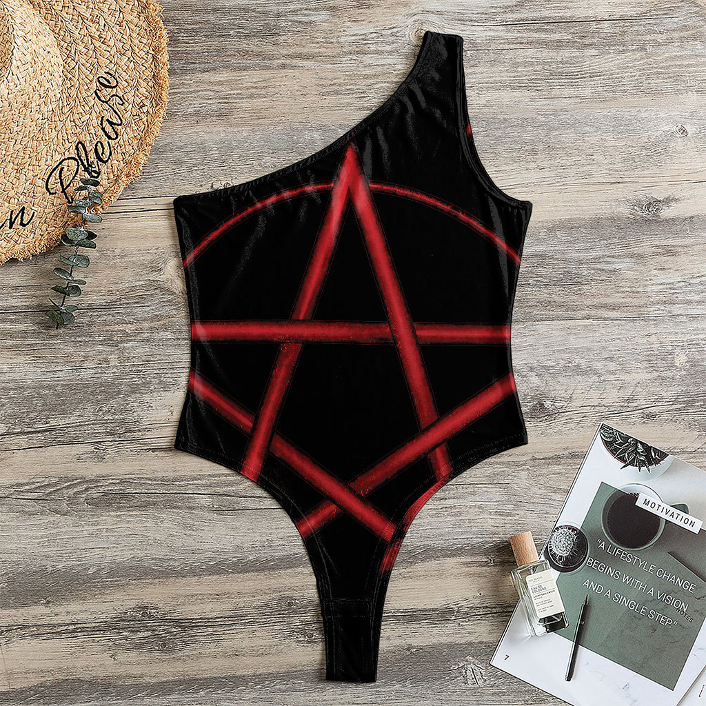 Red Pentagram Symbol Print One Shoulder Bodysuit