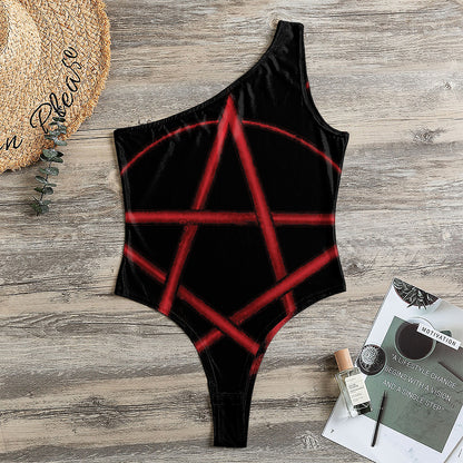 Red Pentagram Symbol Print One Shoulder Bodysuit