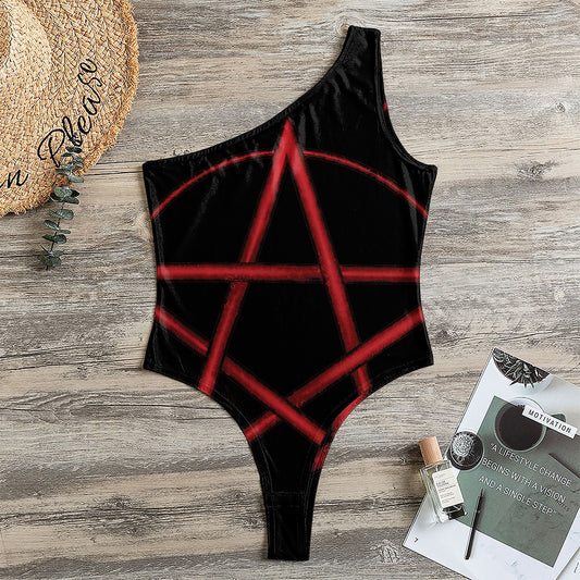 Red Pentagram Symbol Print One Shoulder Bodysuit