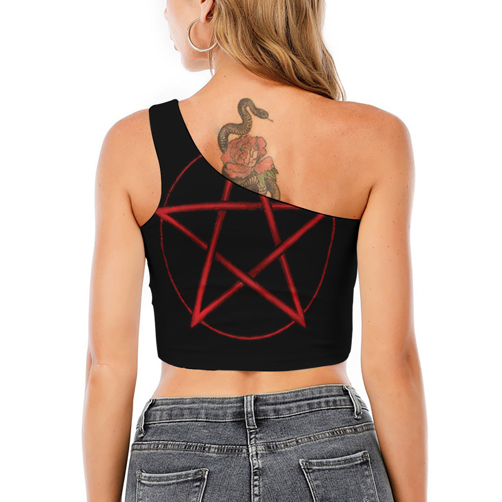 Red Pentagram Symbol Print One Shoulder Crop Top