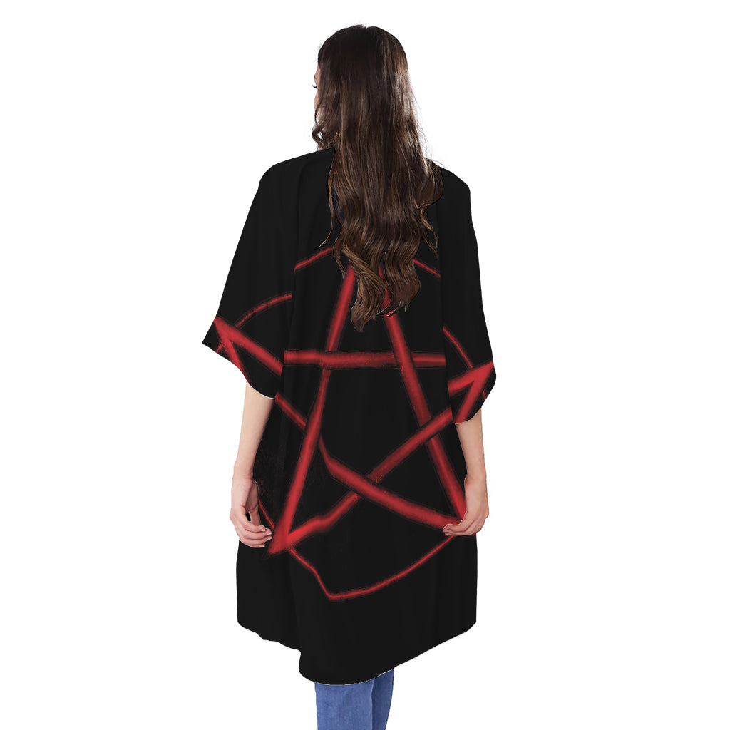 Red Pentagram Symbol Print Open Front Beach Cover Up