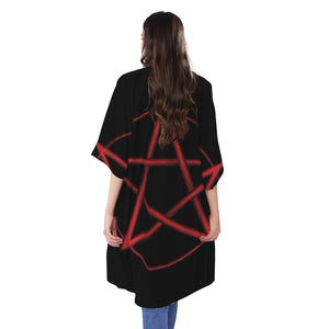 Red Pentagram Symbol Print Open Front Beach Cover Up