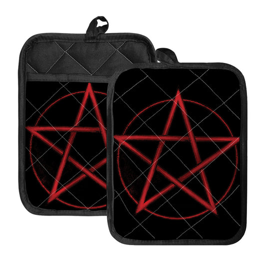 Red Pentagram Symbol Print Pot Holders With Pocket