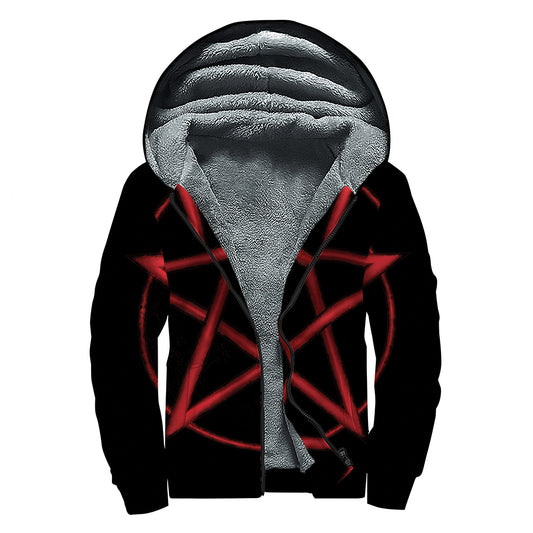 Red Pentagram Symbol Print Sherpa Lined Zip Up Hoodie