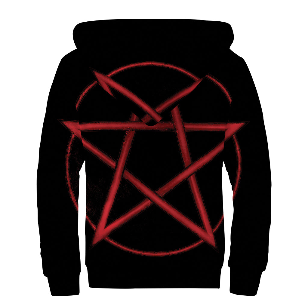 Red Pentagram Symbol Print Sherpa Lined Zip Up Hoodie