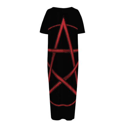 Red Pentagram Symbol Print Short Sleeve Long Nightdress